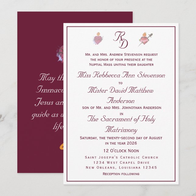 Convite de Casamento Católico Duas Corações Borgon (Frente/Verso)