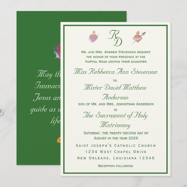 Convite de Casamento Católico Duas Corações Elegan (Frente/Verso)