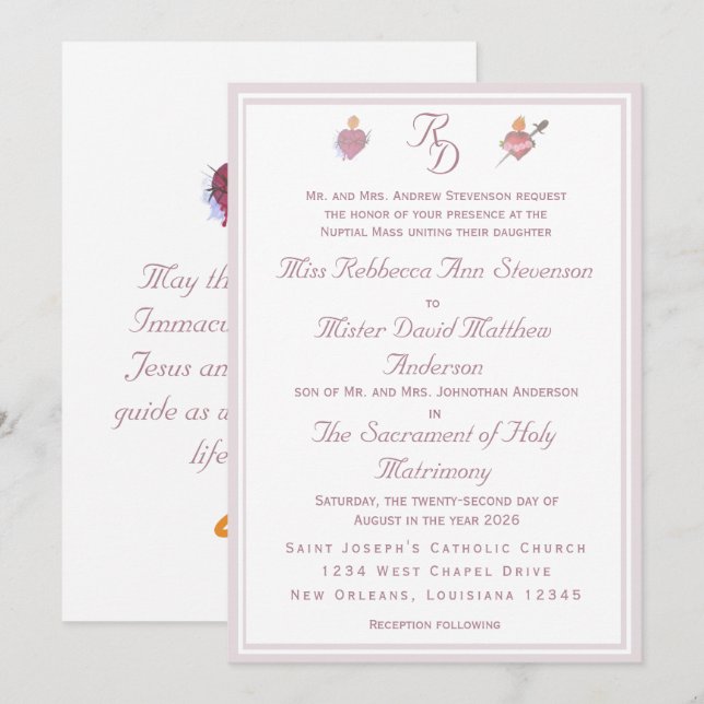 Convite de Casamento Católico Duas Corações Elegan (Frente/Verso)