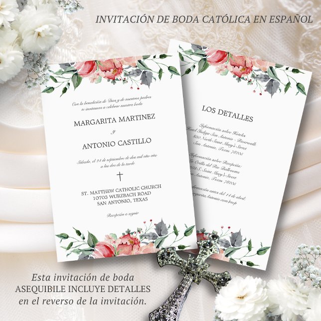 Convite de Casamento Católico Elizabeth Wedding (Elegante invitación de boda en español con flores rosas de acuarela)