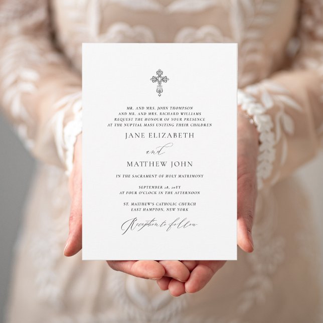 Convite de Casamento Católico Jane Simples com RSV (This Catholic wedding invite has a romantic elegance thanks to the vintage cross & elegant script.)