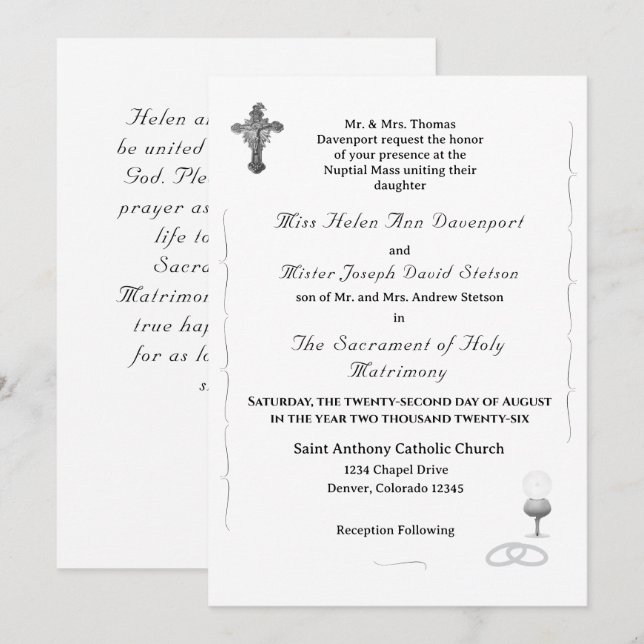 Convite de Casamento Católico Nuptial Grace (Frente/Verso)
