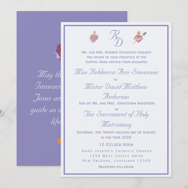 Convite de Casamento Católico Periwinkle Dois Cora (Frente/Verso)
