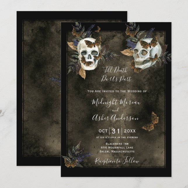 Convite de Casamento Caveiras Até que a Morte nos  (Frente/Verso)