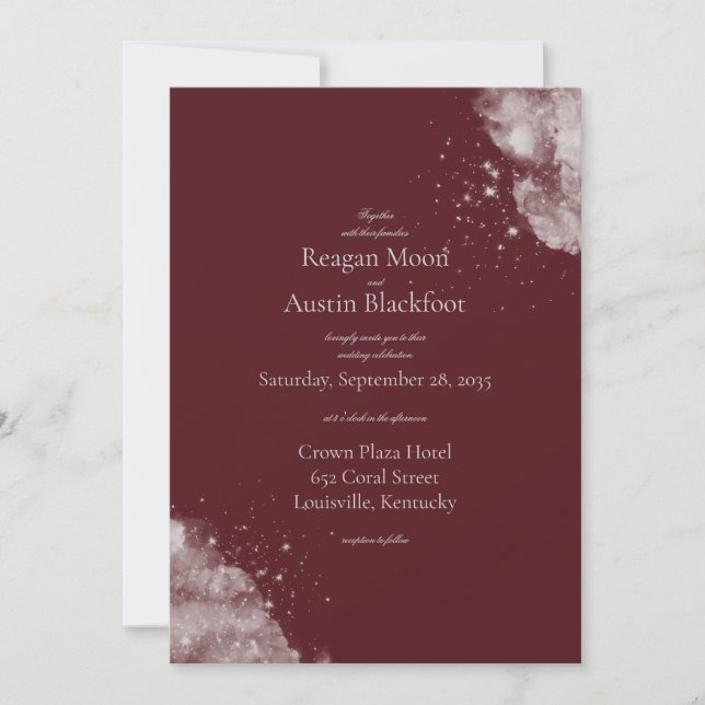 Convite de Casamento Celestial Burgundy Starlight (Frente)