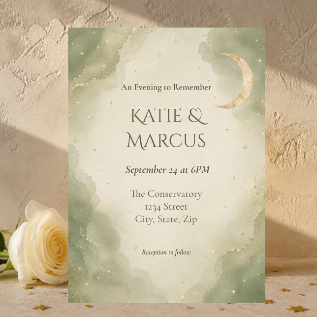 Convite de Casamento Celestial Champanhe Verde Sal (Sage green and champagne celestial wedding invitation with watercolor moon and delicate golden stars)