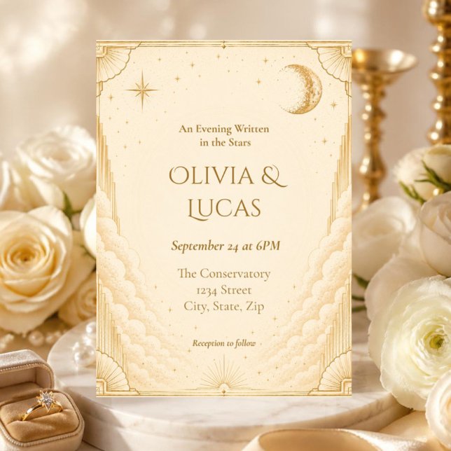 Convite de Casamento Celestial Elegante | Art Deco (Elegant celestial wedding invitation with gold Art Deco moon and stars.)