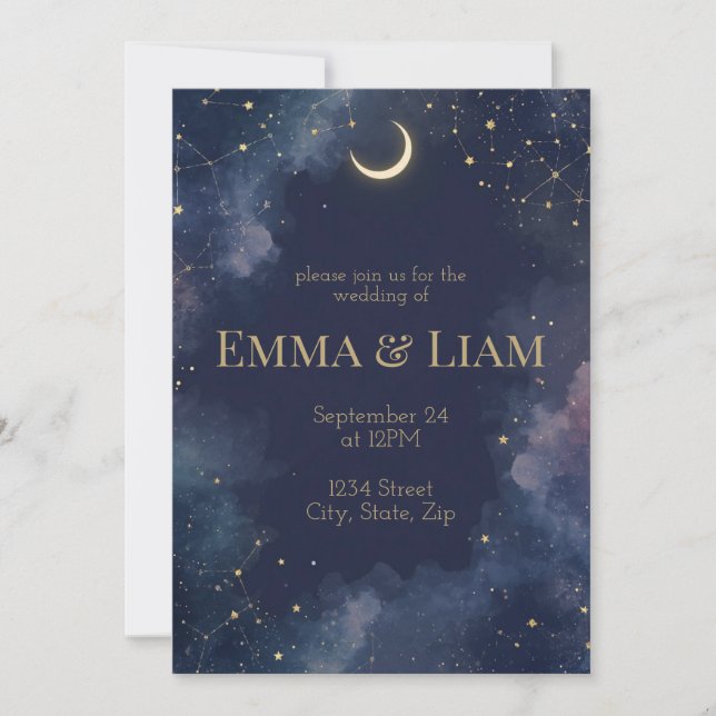 Convite de Casamento Celestial Escuro | Lua Cresce (Frente)