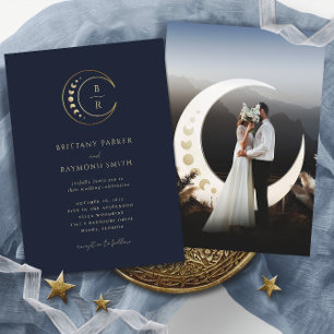 Convite de Casamento Celestial Lua Azul Dourada