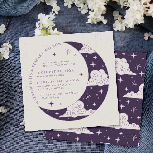 Convite de Casamento Celestial Lua e Estrelas Roxa (Criador carregado)