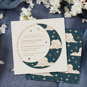 Convite de Casamento Celestial Lua e Estrelas Teal