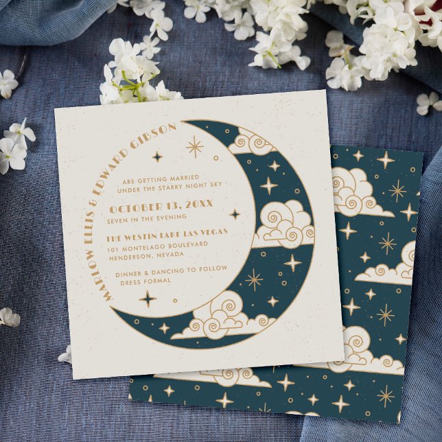 Convite de Casamento Celestial Lua e Estrelas Teal (Criador carregado)