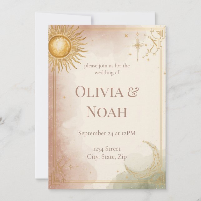 Convite de Casamento Celestial Rosa Sálvia Dourado (Frente)