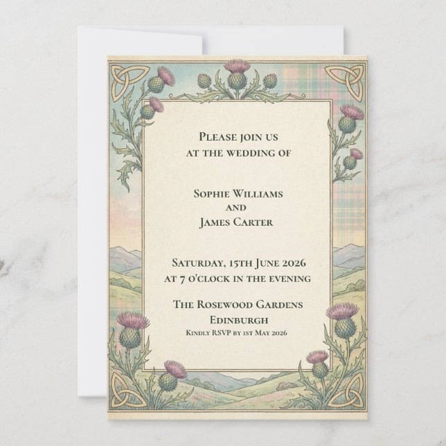 Convite de Casamento Celta Highland Thistle (Frente)