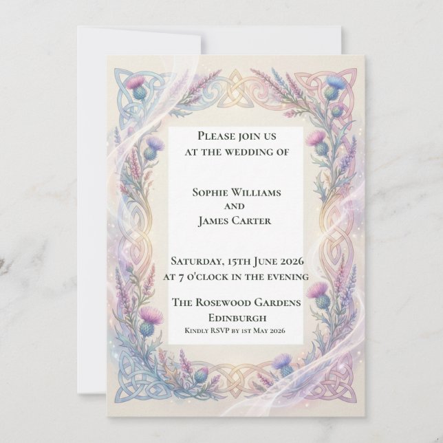 Convite de Casamento Celta Lavanda Cardo (Frente)