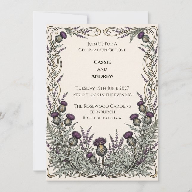 Convite de Casamento Celtic Knot Thistle (Frente)