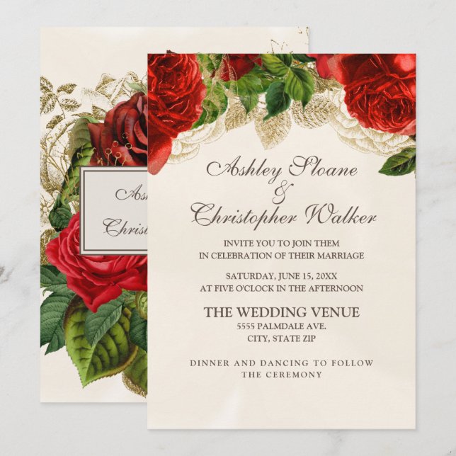 Convite de Casamento Champanhe com Rosas Vermelhas (Frente/Verso)