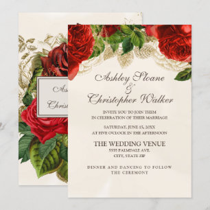 Convite de Casamento Champanhe com Rosas Vermelhas