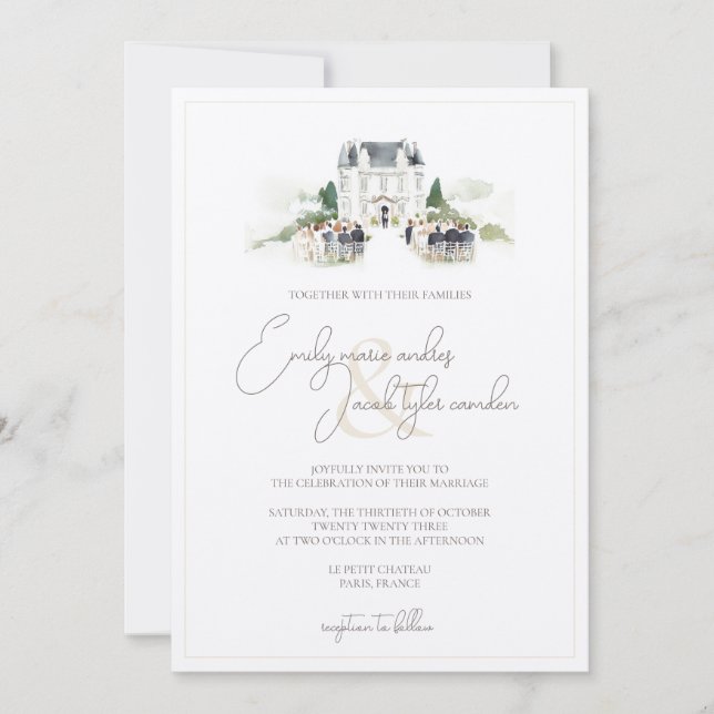 Convite de casamento - Chateau francês em Watercol (Frente)