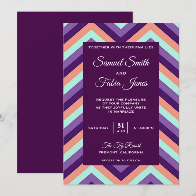 Convite de Casamento Chevron Moderno Roxo e Coral (Frente/Verso)
