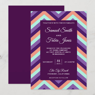 Convite de Casamento Chevron Moderno Roxo e Coral