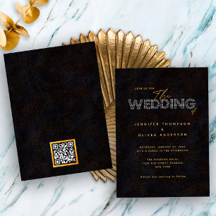 Convite de Casamento Chic Black Gold Com Código QR