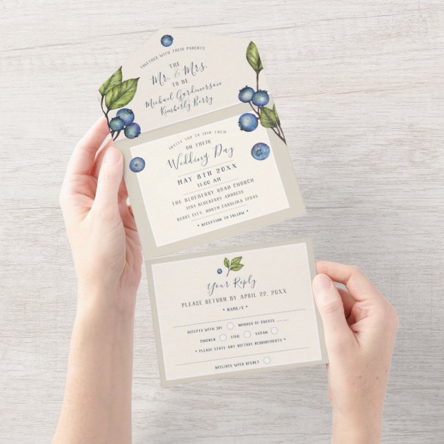 Convite de Casamento Chic Blueberries All in One (Aba destacável)