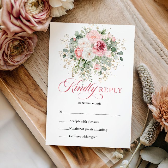 Convite de Casamento Chic Boho Blush Rosas Verde D (Chic Boho Blush Roses Greenery Wedding RSVP Invite

)