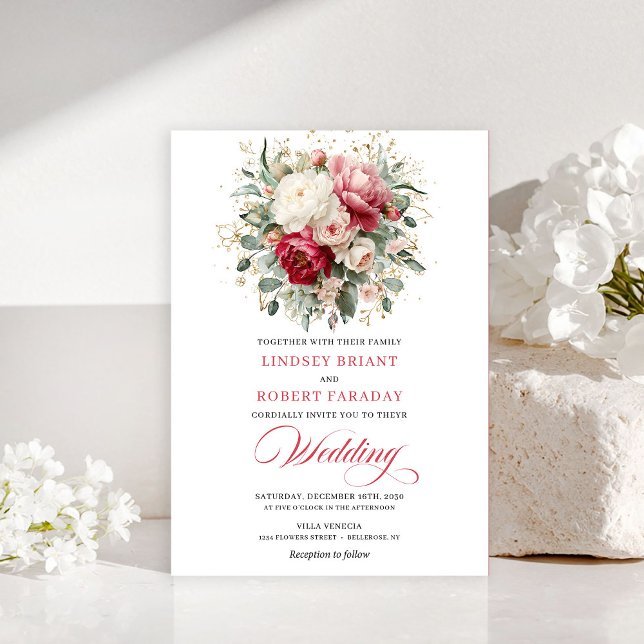 Convite de Casamento Chic Boho Vermelho Bege Doura (Chic Boho Red Blush Gold Wedding Invitation)