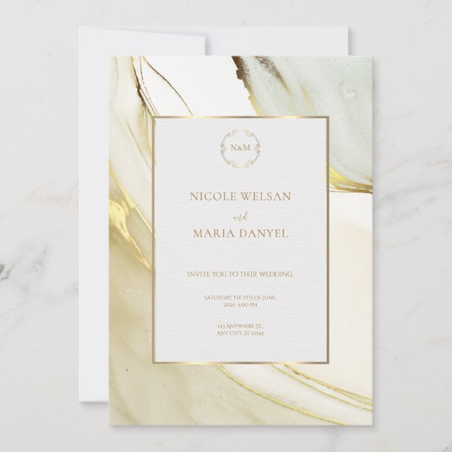 Convite de Casamento Chic Branco Tinta Álcool Dour (Frente)