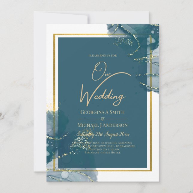 Convite de Casamento Chic com Tinta Alcoólica Azul (Frente)