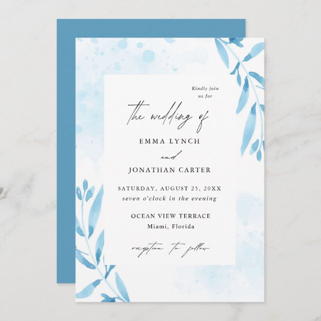 Convite De Casamento Chic De Cor Azul Floral (Frente/Verso)