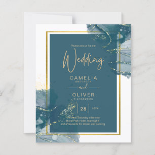 Convite de casamento Chic Dourado de Álcool Azul P