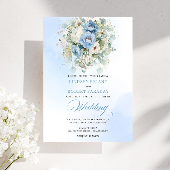 Convite de Casamento Chic Dusty Blue Peony Botânic (Chic Dusty Blue Peony Botanical Gold Wedding Invite)