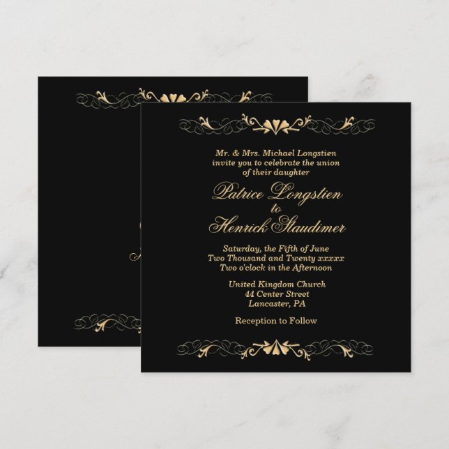 Convite de Casamento Chic Elegance Preto e Dourado (Frente/Verso)