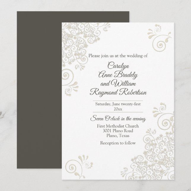 Convite de Casamento Chic Ivory Flourishes (Frente/Verso)