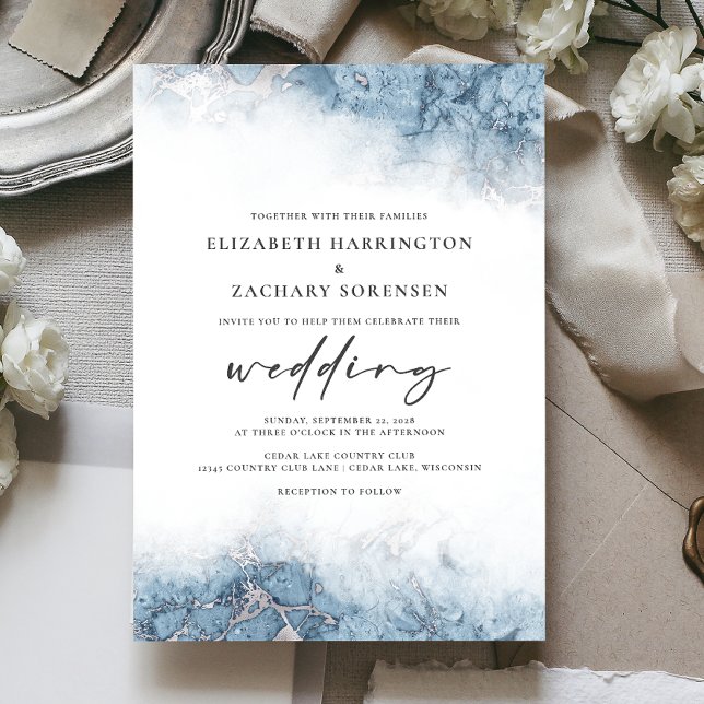 Convite de Casamento Chic Marble Azul Prata (Criador carregado)