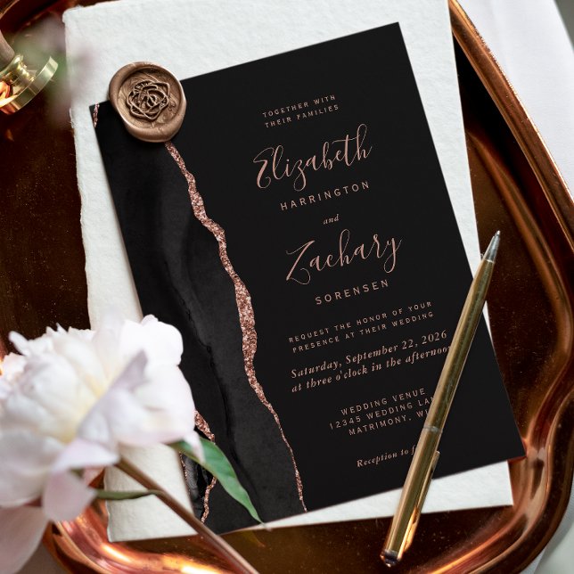 Convite de Casamento Chic Preto com Dourado Rosa Á (The perfect choice for a black and rose gold themed wedding.)