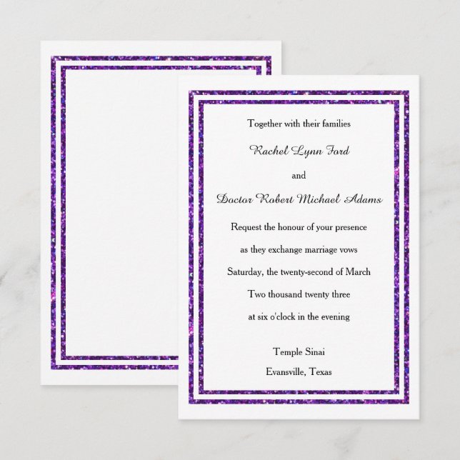 Convite de Casamento Chic Purple Faux Brilho-3x5 (Frente/Verso)