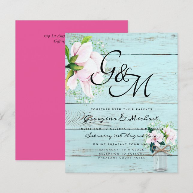Convite de Casamento Chic Rosa Magnólia Despojado  (Frente/Verso)