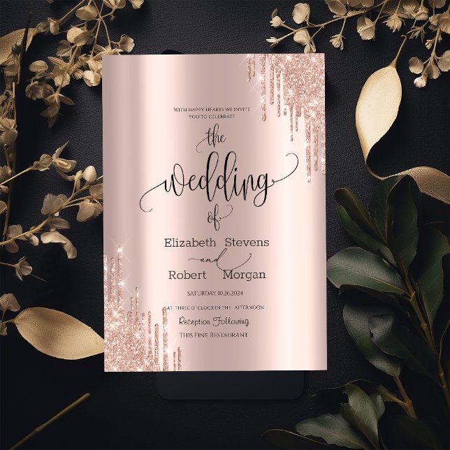 Convite de Casamento Chic Rose Gold Drips (Criador carregado)
