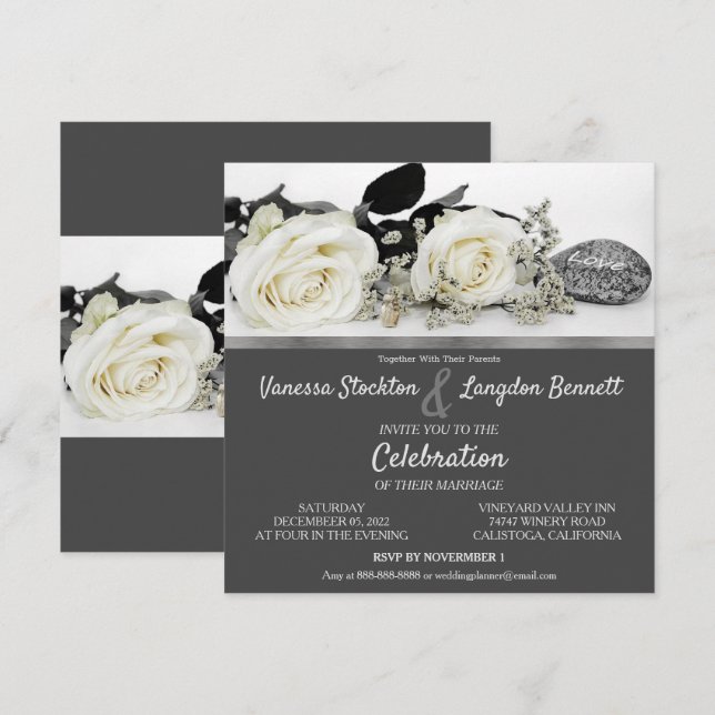 Convite de Casamento Chic White Rose (Frente/Verso)