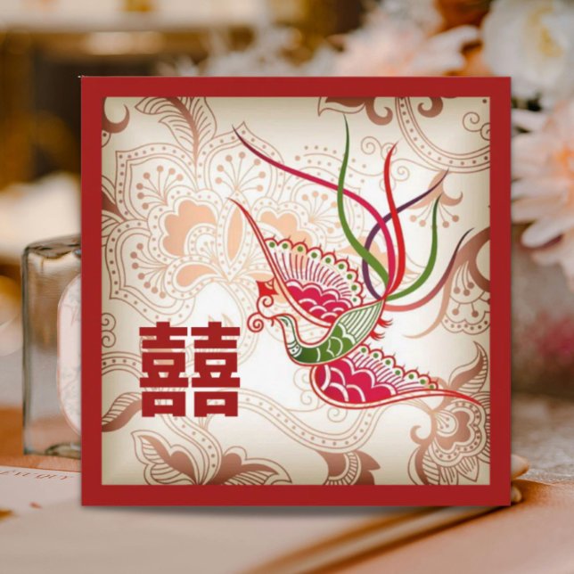 Convite de Casamento Chinês Fênix Vermelha Vintage (Vintage Red Phoenix Chinese Wedding Invitation)
