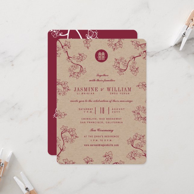 Convite de Casamento Chinês Kraft Flor de Pêssego/ (Frente/Verso In Situ)