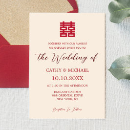 Convite de casamento chinês moderno bege vermelho 