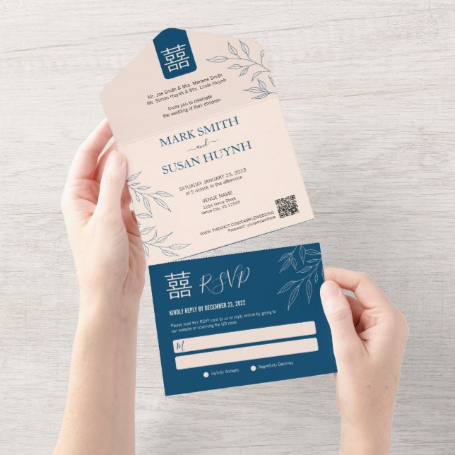 Convite de Casamento Chinês Tudo em Um com Folga M (Aba destacável)