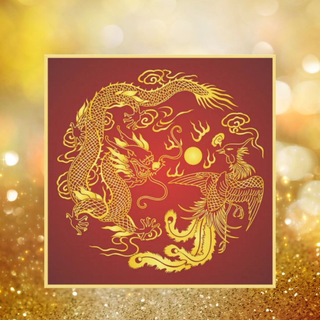 Convite de Casamento Chinês Vermelho Dourado Fênix (Dragon Phoenix Red Gold Chinese Wedding Invitation)