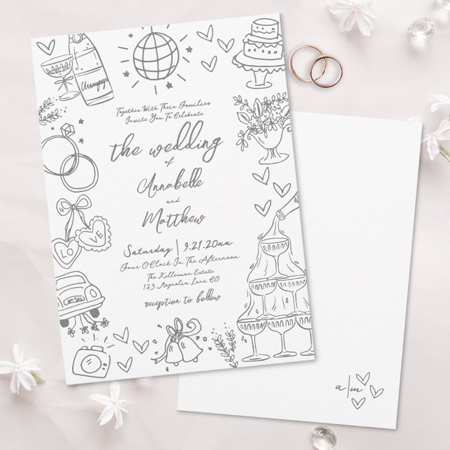 Convite de Casamento Cinza Caprichoso Desenhado à  (Hand Drawn Gray Whimsical Wedding Invitation)