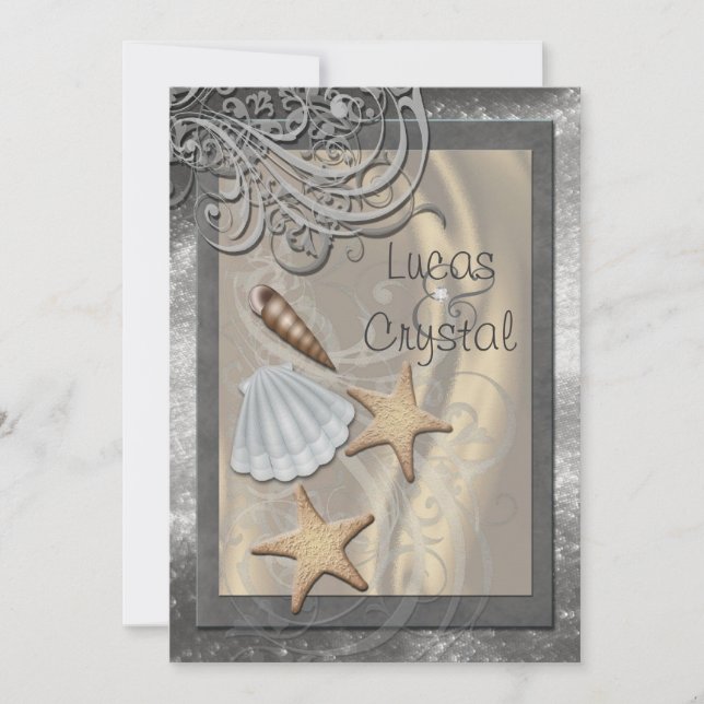 Convite de Casamento Cinza Concha Brilhante Praia (Frente)