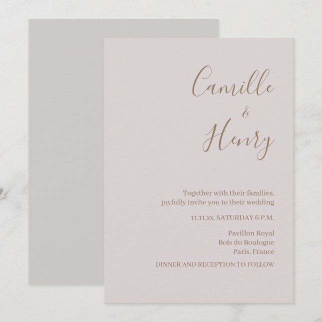 Convite de Casamento Cinza Rosa Minimalista Modern (Frente/Verso)
